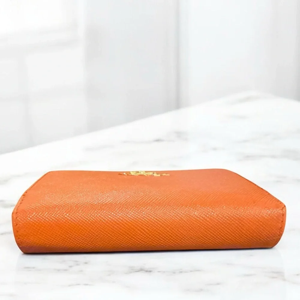 PRADA Saffiano Leather Bifold Wallet Orange Gold Logo Designer Authentic Compact - Picture 4 of 11
